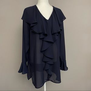 Maggie Lawrence Sheer Navy Oversized Ruffle Front Tunic Blouse Size M